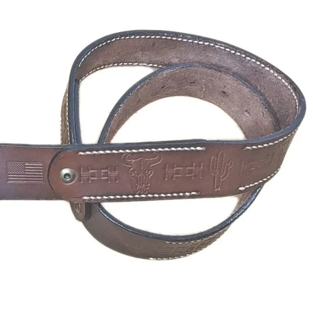 Vintage Western Texan Ranger Leather Belt Sq Brass Buckle Men 34-42 Width 1.5